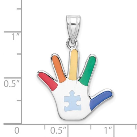925 Sterling Silver Autism Handprint Pendant, enameled w/ Red Heart Center - Picture 4 of 4